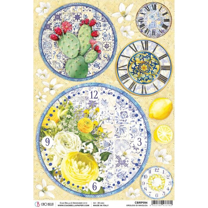 Ciao Bella Rice Paper Sheet A4 Orologi di Maiolica