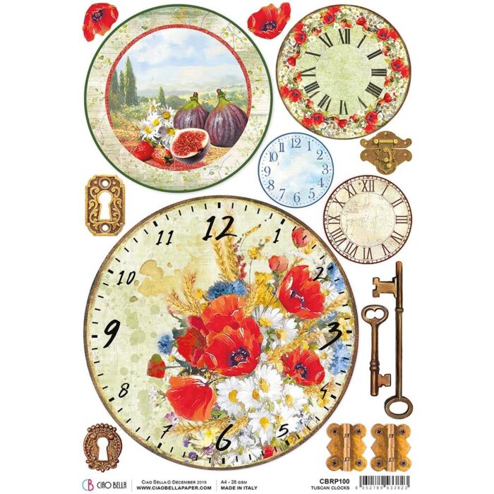 Ciao Bella Rice Paper Sheet A4 Tuscan Clocks