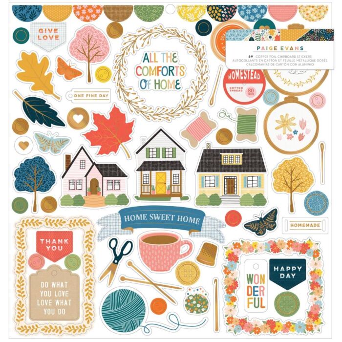 Paige Evans Bungalow Lane Chipboard Stickers 12"X12" Icons & Phrase