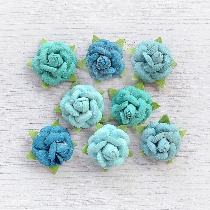 Little Birdie Angel Rose Paper Flowers 8/Pkg-Aqua Medley