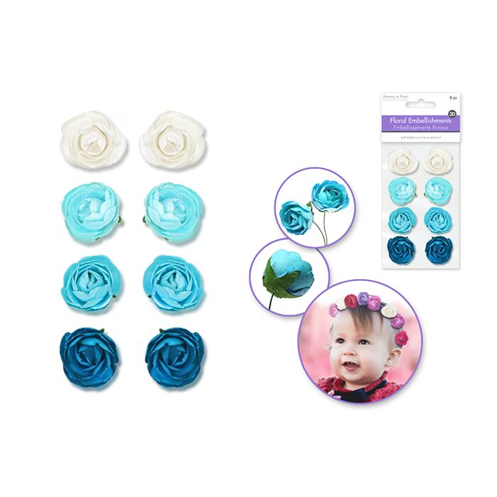 Floral Embellish: 1.1" Handmade Paper Rosebuds - Blue