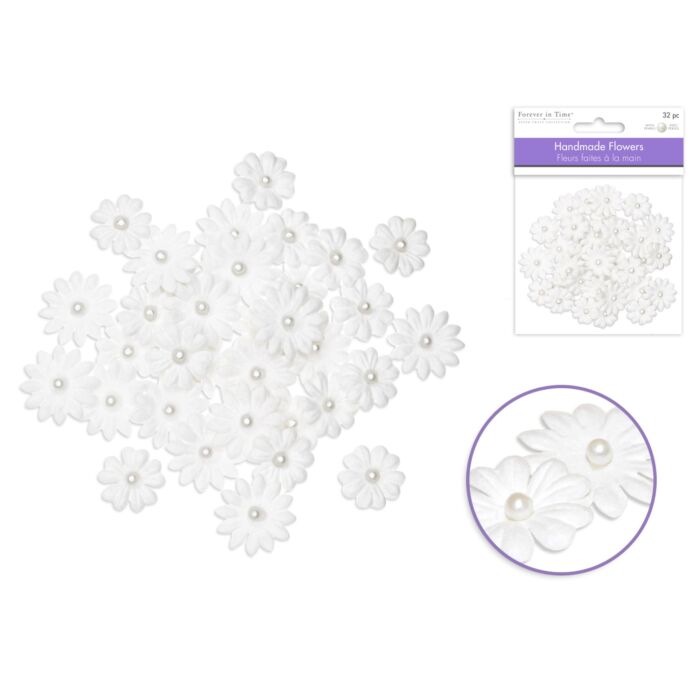 Floral Embellish: 0.8cm+2cm Handmade Paper x32 w/Pearls- White