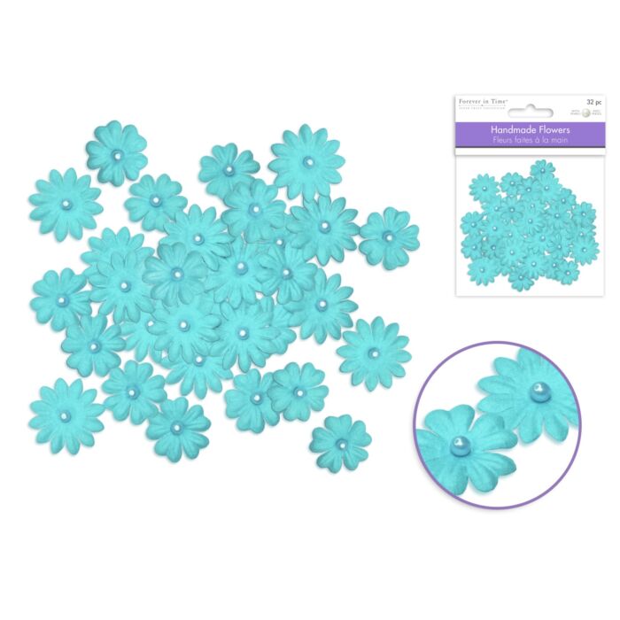 Floral Embellish: 0.8cm+2cm Handmade Paper w/Pearls - Blue