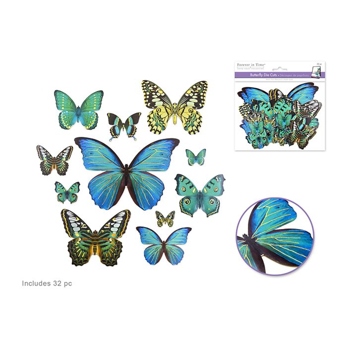 Paper Craft Emb: Butterfly Die Cuts w/Foil Accents x33 - Blue