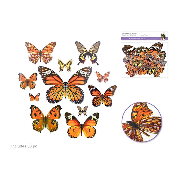 Paper Craft Emb: Butterfly Die Cuts w/Foil Accents x33 - Orange