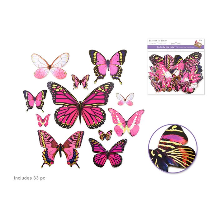 Paper Craft Emb: Butterfly Die Cuts w/Foil Accents x33 - Pink