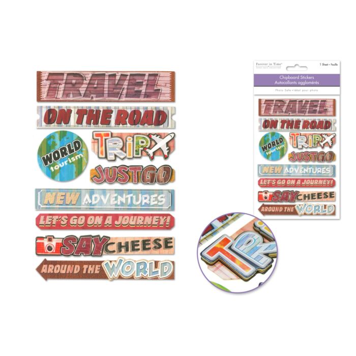 Handmade Sticker: 4.9"x7.3" 3D Chipboard Sentiments - Travel