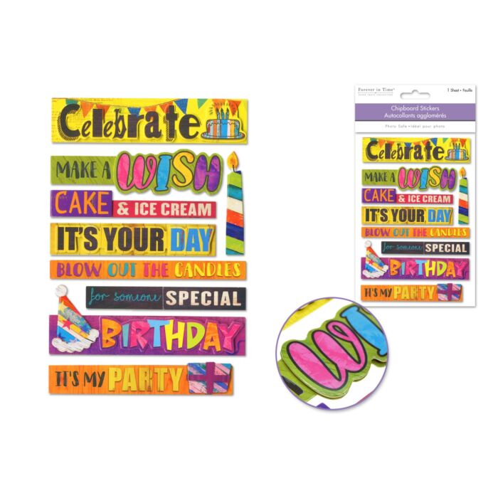 Handmade Sticker: 4.9"x7.3" 3D Chipboard Sentiments - Celebrate