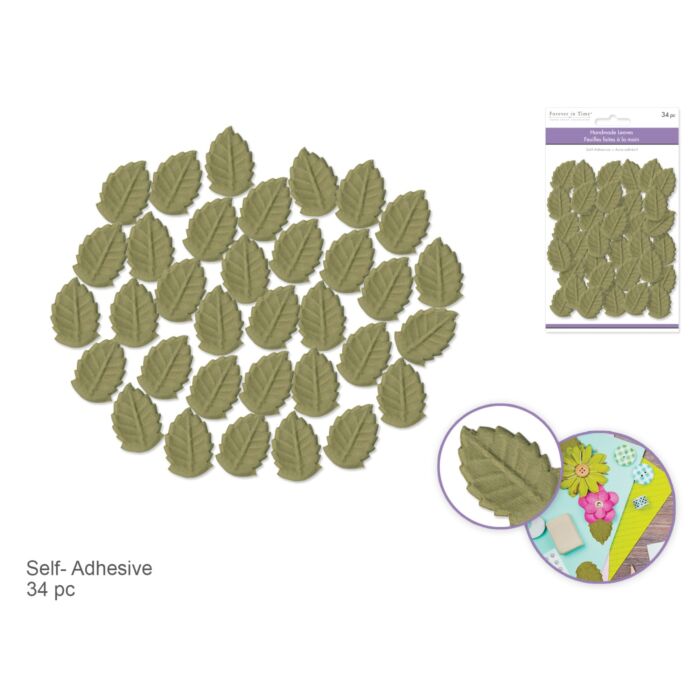 Floral Embellishment: 1.5"x1" Leaves Self-Stick Embossed Handmade Paper 34pc - Green