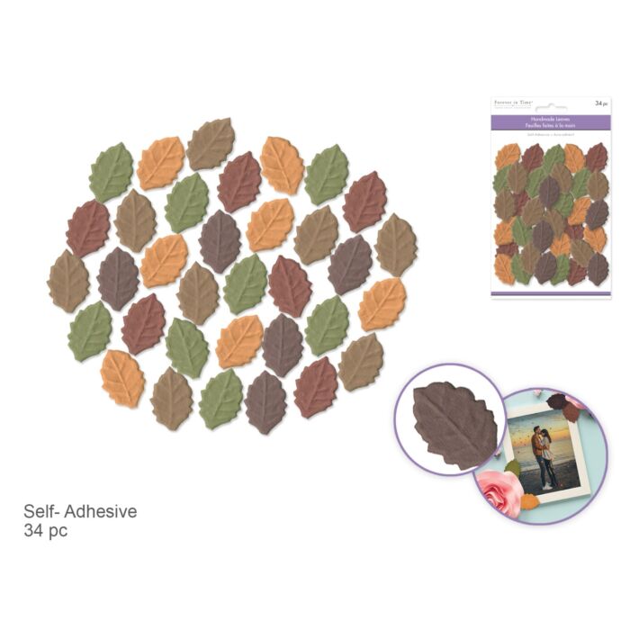 Floral Embellishment: 1.5"x1" Leaves Self-Stick Embossed Handmade Paper 34pc - Autumn Blend