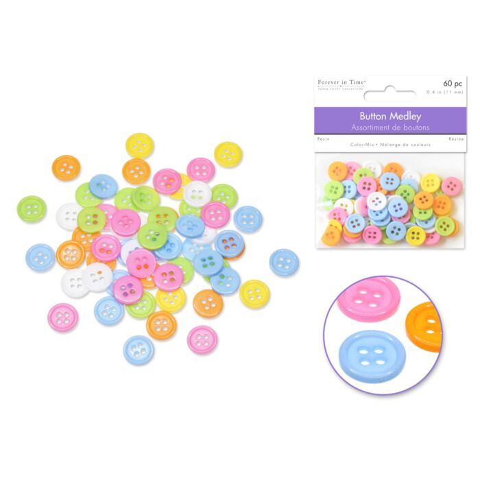 Button Embellishment: Color-Mix Resin Button Medley - Pastel 11mm 60pc