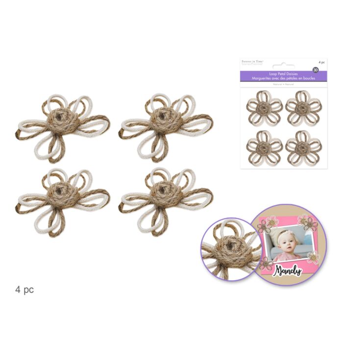 Floral Embellish: 2.2" Loop-Petal Daisies x4 Handmade - Jute Stamen