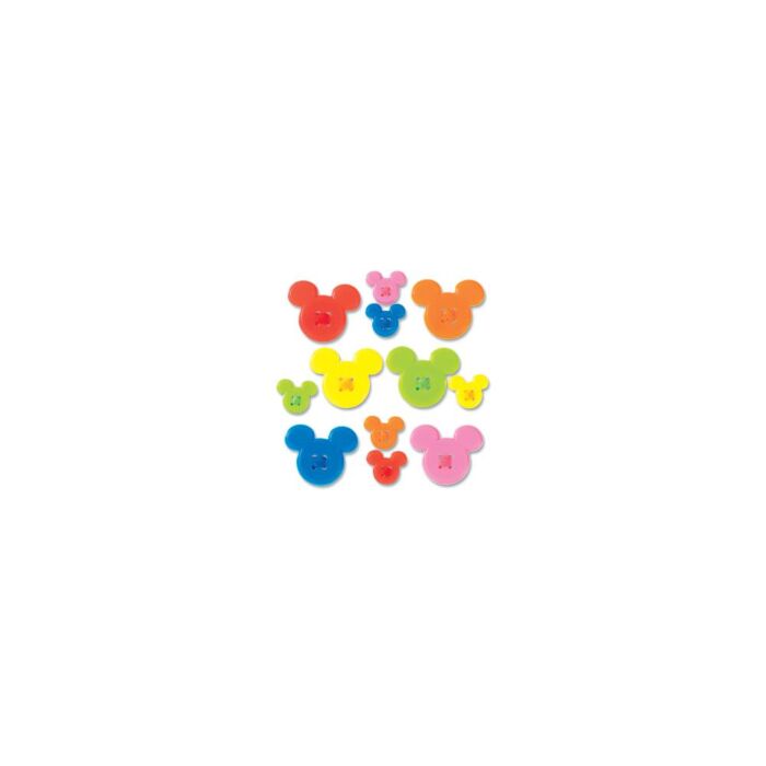 Bright colored buttons in the shape of mickey mouse heads! They are adhesive, so you can easily stick to any of your paper crafting projects! 6 large and 6 small.