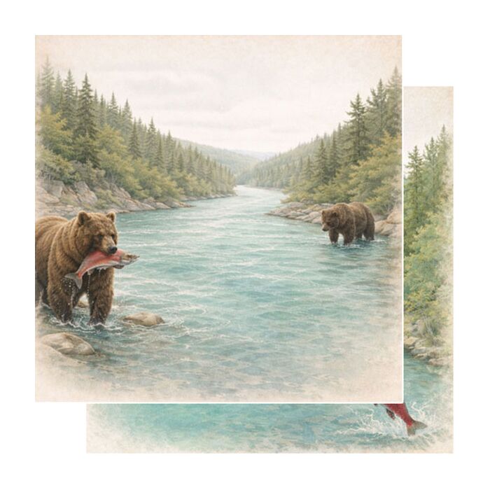 Preorder Scrapbook Customs Alaskan Watercolor Bears & Salmon on River DS Paper