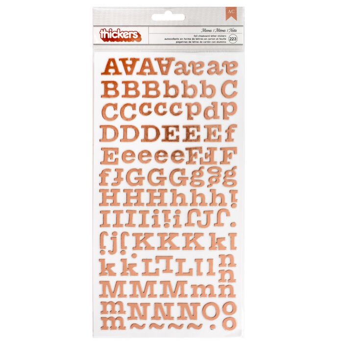 American Crafts Thickers Stickers 5.5"X11" 223/Pkg-Memo Alpha/Rose Gold Foiled Chipboard