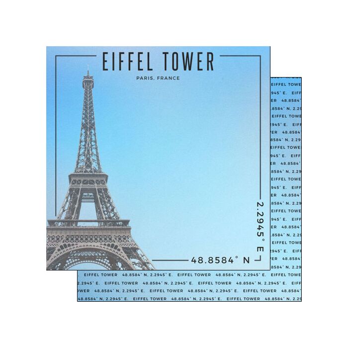 Scrapbook Customs - Double Sided Paper 12 x 12 - France - Eiffel Tower Coordinates