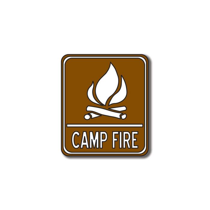 Scrapbook Customs Camp Fire Sign laser die cut featuring a brown sign with a white campfire icon and the words “CAMP FIRE”.