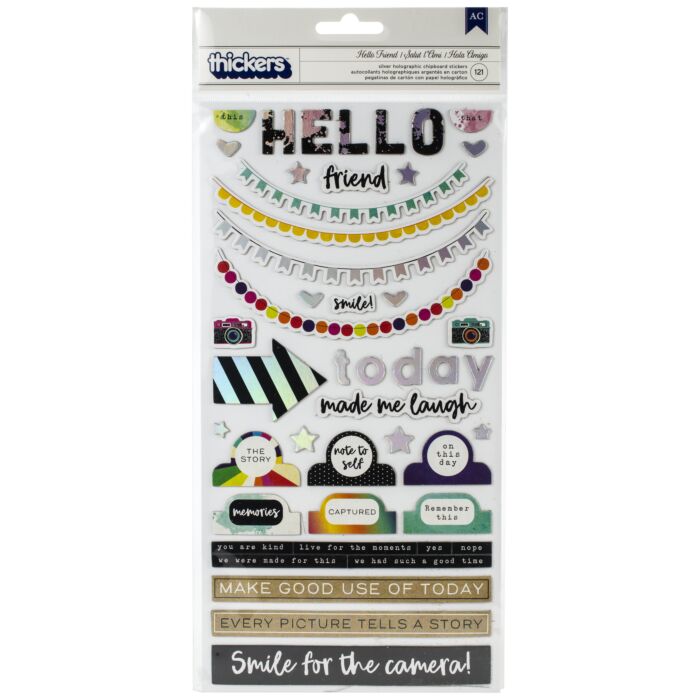 Vicki Boutin Color Kaleidoscope Thickers 5.5"X11" 121/Pkg-Hello Friend Phrase/Silver Chipboard