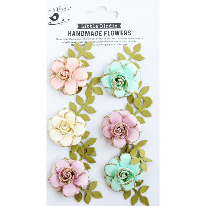 Little Birdie Pixie Rose Paper Flowers 6/Pkg-Fairy Garden