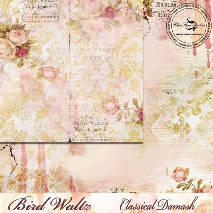 Blue Fern Studios - Bird Waltz 12x12 Paper - Classical Damask