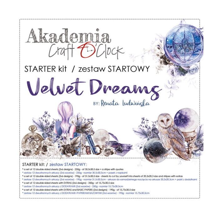 Craft O’Clock Academy Starter Kit Velvet Dreams paper set with decorative papers and paper extras in moody purples and blues.