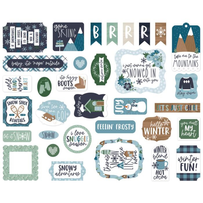 Echo Park Snowed In ephemera die cut cardstock pieces with winter phrases