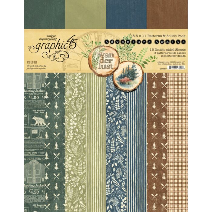 Graphic 45 Adventure Awaits 8.5x11 Patterns & Solids Pack