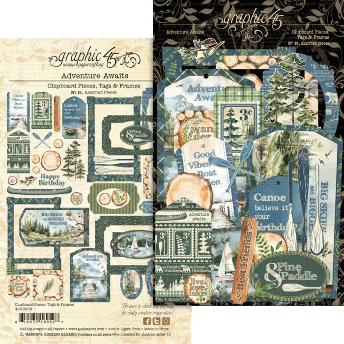 Graphic 45 Adventure Awaits Chipboard Pieces Tags & Frames