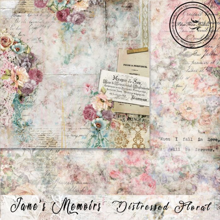 Blue Fern Studios - Jane's Memoirs - 12x12 Paper - Distressed Floral