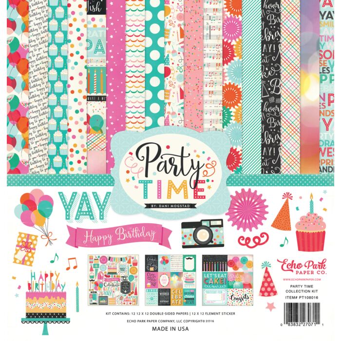 Echo Park Party Time collection kit 12x12 papers and element sticker sheet