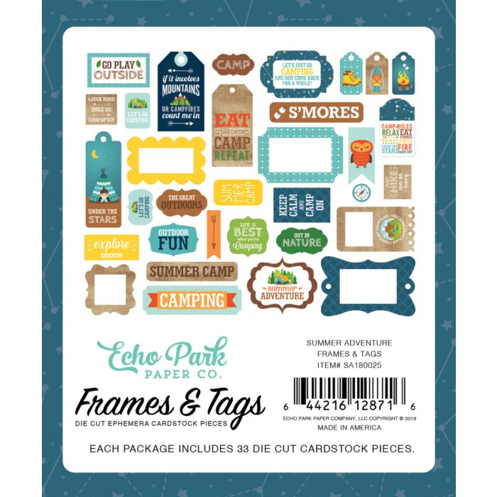 Echo Park Summer Adventure Frames & Tags ephemera die cut cardstock pieces 33 pieces