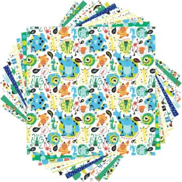 Cricut Monsters, Inc. deluxe paper pack showing colorful monster-themed patterns on 12x12 sheets.