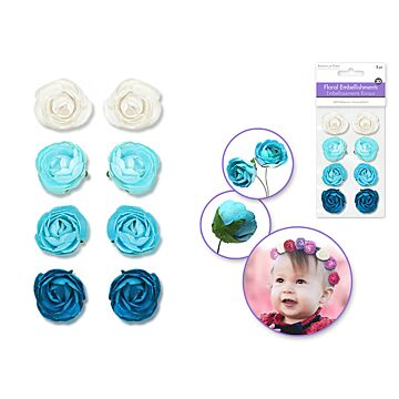 Floral Embellish: 1.1" Handmade Paper Rosebuds - Blue