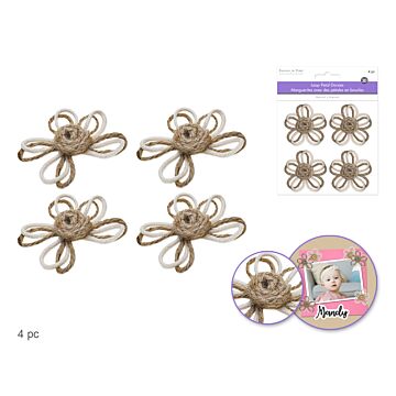 Floral Embellish: 2.2" Loop-Petal Daisies x4 Handmade - Jute Stamen