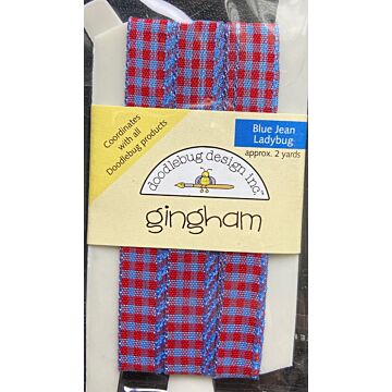 Doodlebug Ribbon - Gingham - Blue Jean/Ladybug