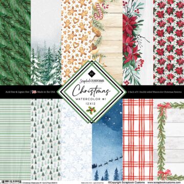 Scrapbook Customs Christmas Watercolor #1 12x12 Pack (2ea of 6) Paper Double-Sided Paper 12 x 12