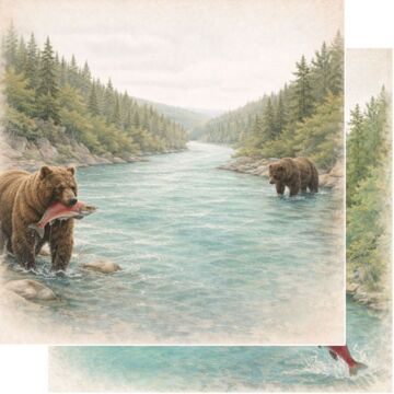 Preorder Scrapbook Customs Alaskan Watercolor Bears & Salmon on River DS Paper