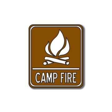 Scrapbook Customs Camp Fire Sign laser die cut featuring a brown sign with a white campfire icon and the words “CAMP FIRE”.