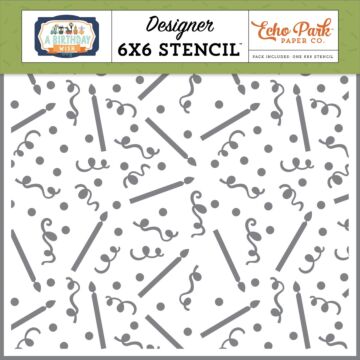 Echo Park A Birthday Wish Boy Birthday Supplies 6x6 stencil with candles, confetti, streamers, and dots pattern