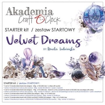 Craft O’Clock Academy Starter Kit Velvet Dreams paper set with decorative papers and paper extras in moody purples and blues.