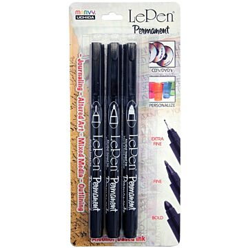 Marvy Uchida - Le Pen Permanent Marker Set, Black (3pc Extra Fine/Fine/Bold)