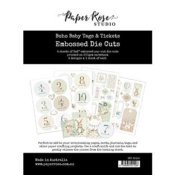 Paper Rose Embossed Die Cuts, Boho Baby Tags & Tickets