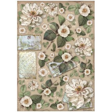 Stamperia A4 Rice Paper, Vintage Library - Flowers & Letters