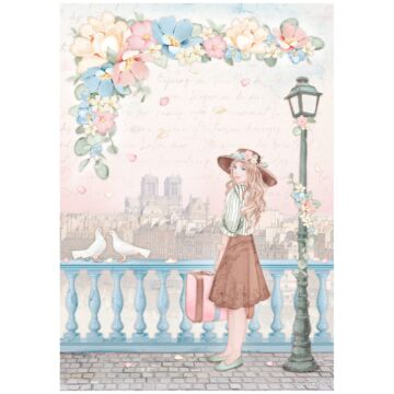 Stamperia A4 Rice Paper, Create Happiness Oh la la - Girl with Suitcase
