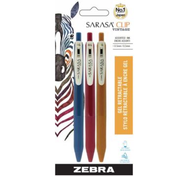 Zebra SARASA Clip Vintage Retractable Gel Pen Set Assorted Ink Colors 3pk